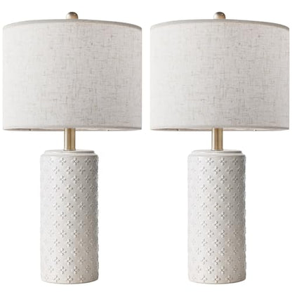 23" White Ceramic Table Lamp Set of 2 | Dimmable Bedside Lamps with Linen Shade for Bedroom