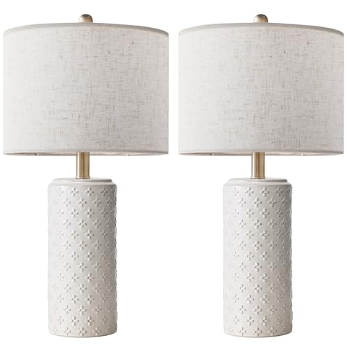 23" White Ceramic Table Lamp Set of 2 | Dimmable Bedside Lamps with Linen Shade for Bedroom