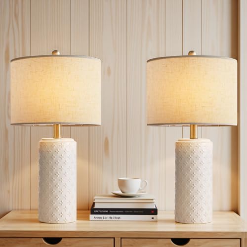 23" White Ceramic Table Lamp Set of 2 | Dimmable Bedside Lamps with Linen Shade for Bedroom