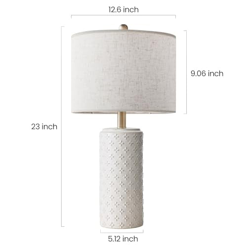 23" White Ceramic Table Lamp Set of 2 | Dimmable Bedside Lamps with Linen Shade for Bedroom