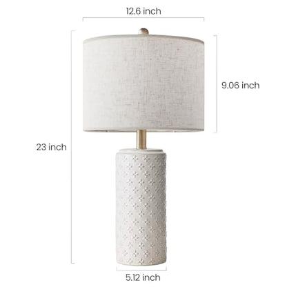 23" White Ceramic Table Lamp Set of 2 | Dimmable Bedside Lamps with Linen Shade for Bedroom