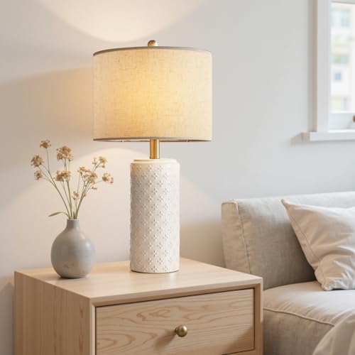 23" White Ceramic Table Lamp Set of 2 | Dimmable Bedside Lamps with Linen Shade for Bedroom