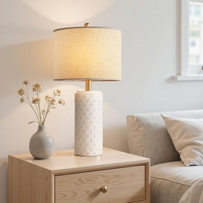23" White Ceramic Table Lamp Set of 2 | Dimmable Bedside Lamps with Linen Shade for Bedroom