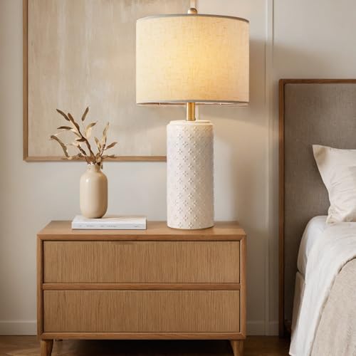 23" White Ceramic Table Lamp Set of 2 | Dimmable Bedside Lamps with Linen Shade for Bedroom