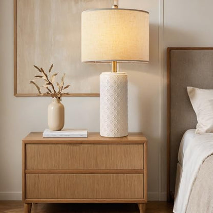 23" White Ceramic Table Lamp Set of 2 | Dimmable Bedside Lamps with Linen Shade for Bedroom