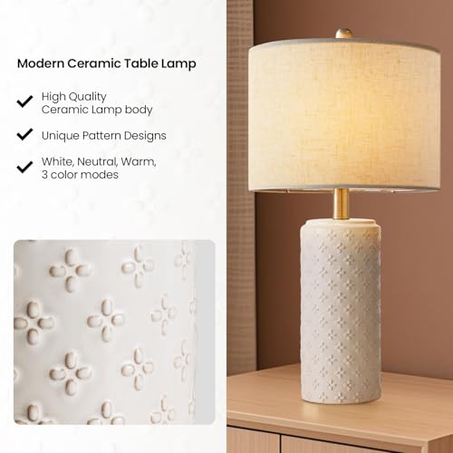 23" White Ceramic Table Lamp Set of 2 | Dimmable Bedside Lamps with Linen Shade for Bedroom