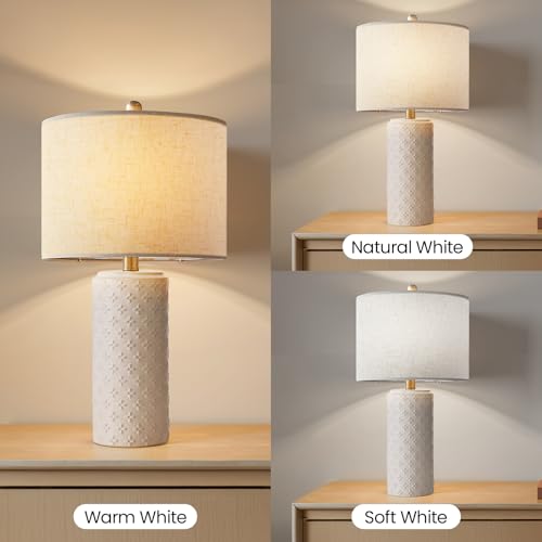 23" White Ceramic Table Lamp Set of 2 | Dimmable Bedside Lamps with Linen Shade for Bedroom