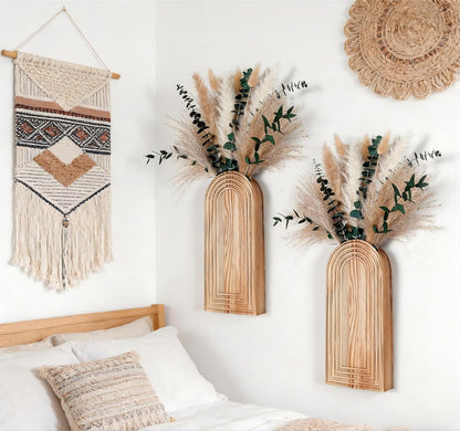 Set of 2 Boho Wall Vases with Pampas Grass & Eucalyptus -Wooden Wall Planters Modern Farmhouse Decor Art for Living Room, Entryway or Bathroom