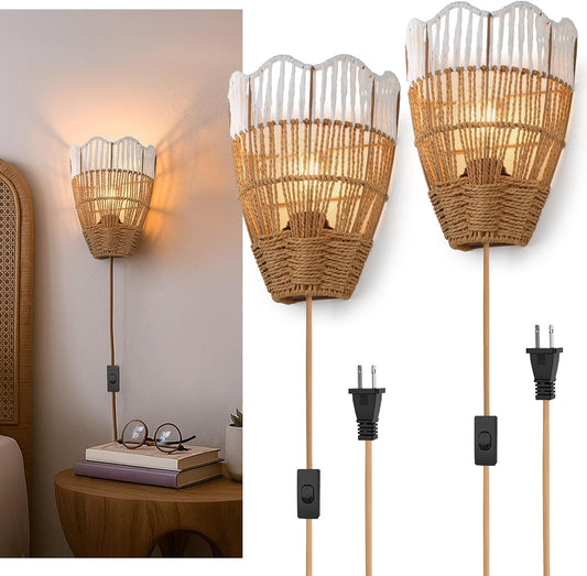 Plug-In Boho Wall Sconces Set of 2, Handwoven Rattan Wall Lights with On/Off Switch, Bohemian Light Fixtures for Bedroom, Living Room & Entryway