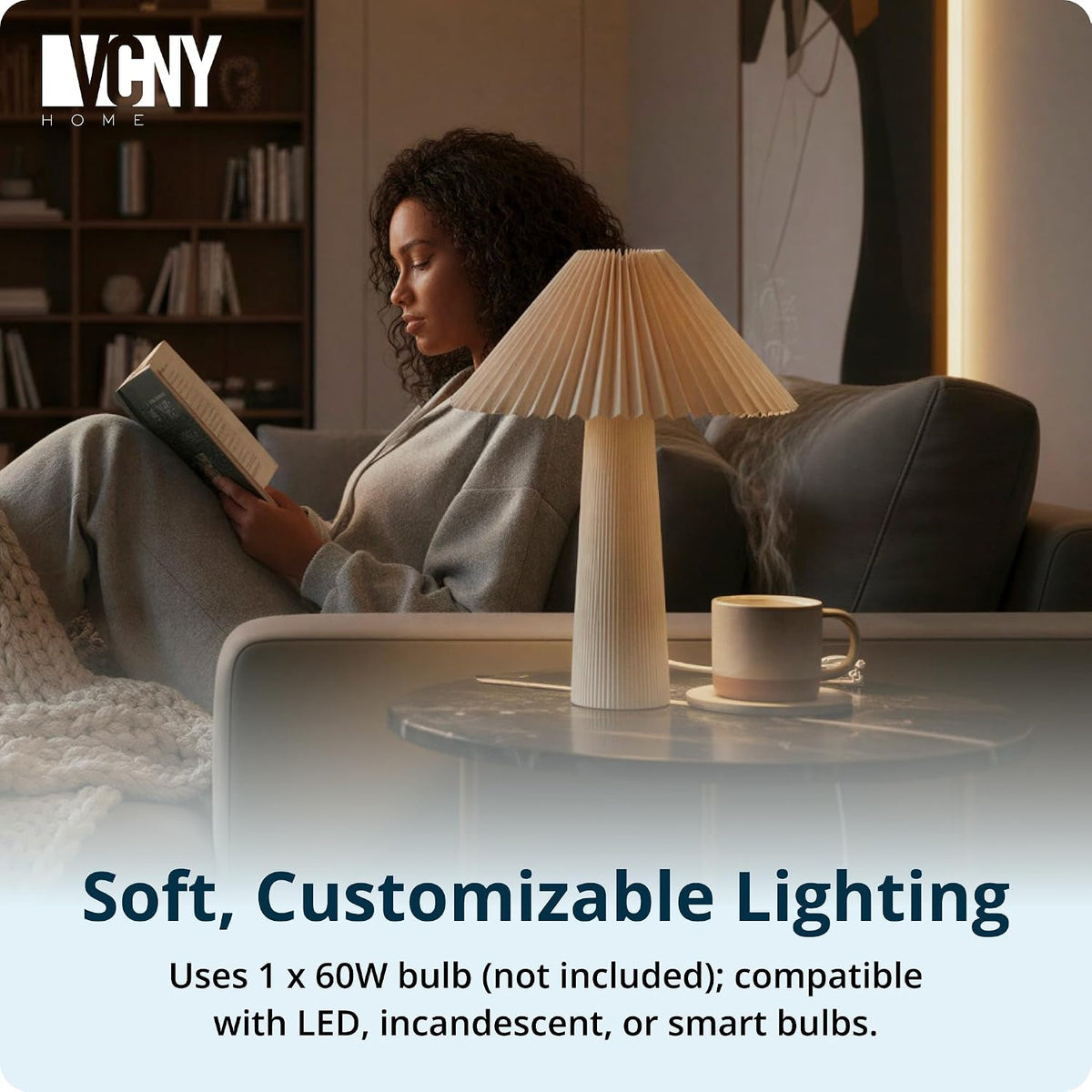 18" Ivory Ceramic Table Lamp | Pleated Fabric Shade & Cylinder Base | Modern Accent Lamp for Living Room, Bedroom, or Entryway | Elegant Neutral Design | Requires 1 X 60W Max Light Bulb