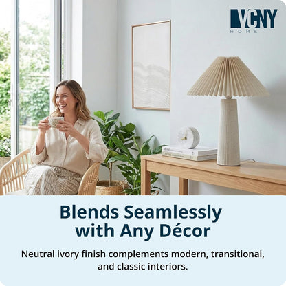 18" Ivory Ceramic Table Lamp | Pleated Fabric Shade & Cylinder Base | Modern Accent Lamp for Living Room, Bedroom, or Entryway | Elegant Neutral Design | Requires 1 X 60W Max Light Bulb