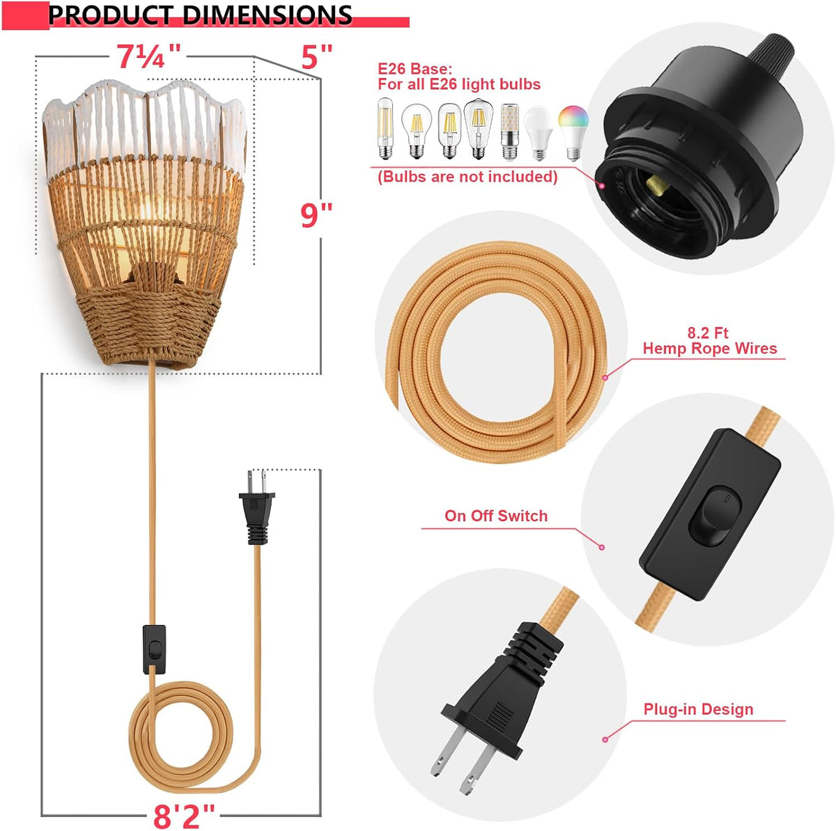 Plug-In Boho Wall Sconces Set of 2, Handwoven Rattan Wall Lights with On/Off Switch, Bohemian Light Fixtures for Bedroom, Living Room & Entryway