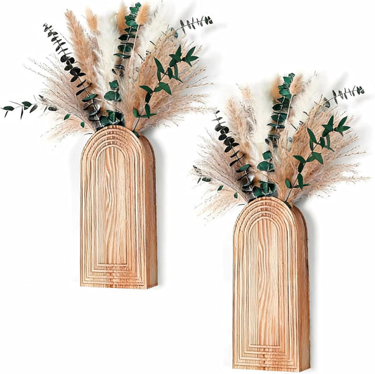 Set of 2 Boho Wall Vases with Pampas Grass & Eucalyptus -Wooden Wall Planters Modern Farmhouse Decor Art for Living Room, Entryway or Bathroom