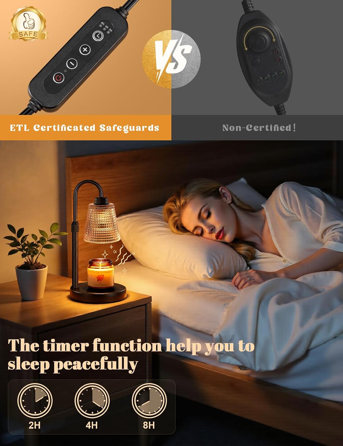 Amber Dimmable Candle Warmer Lamp with Timer — Adjustable LED Wax Melter for Jar Candles | Flame‑Free Home Fragrance & Cozy Décor