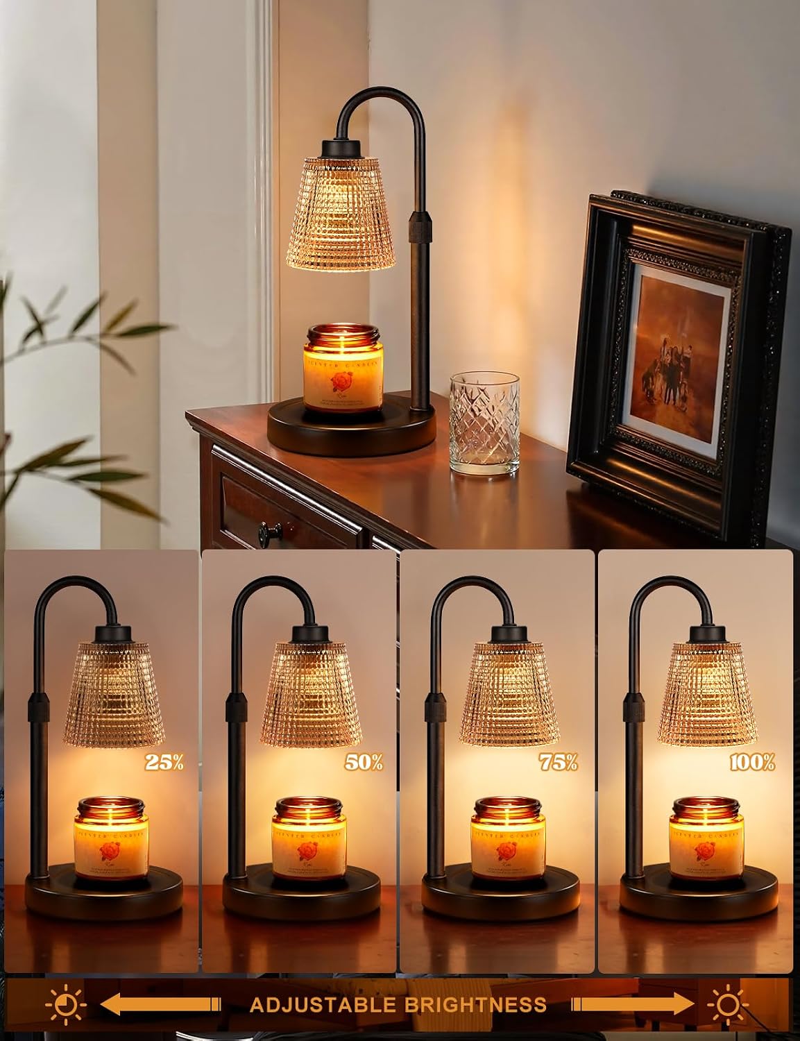 Amber Dimmable Candle Warmer Lamp with Timer — Adjustable LED Wax Melter for Jar Candles | Flame‑Free Home Fragrance & Cozy Décor