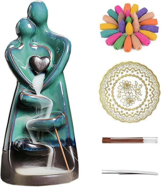 Ceramic Incense Holder, Creative Incense Waterfall Ornament, Backflow Incense Burner with 20 Cones + 30 Sticks, Zen Garden Yoga Meditation Home Decor
