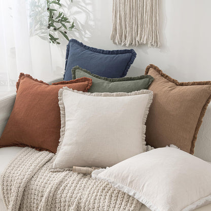 Decorative Throw Pillow Covers Neutral Linen Fringe Throw Pillows Set of 2 Natural Beige Boho Farmhouse Cushion Covers with Tassels for Couch Sofa Bed Spring Home Decor 20X20 Inch