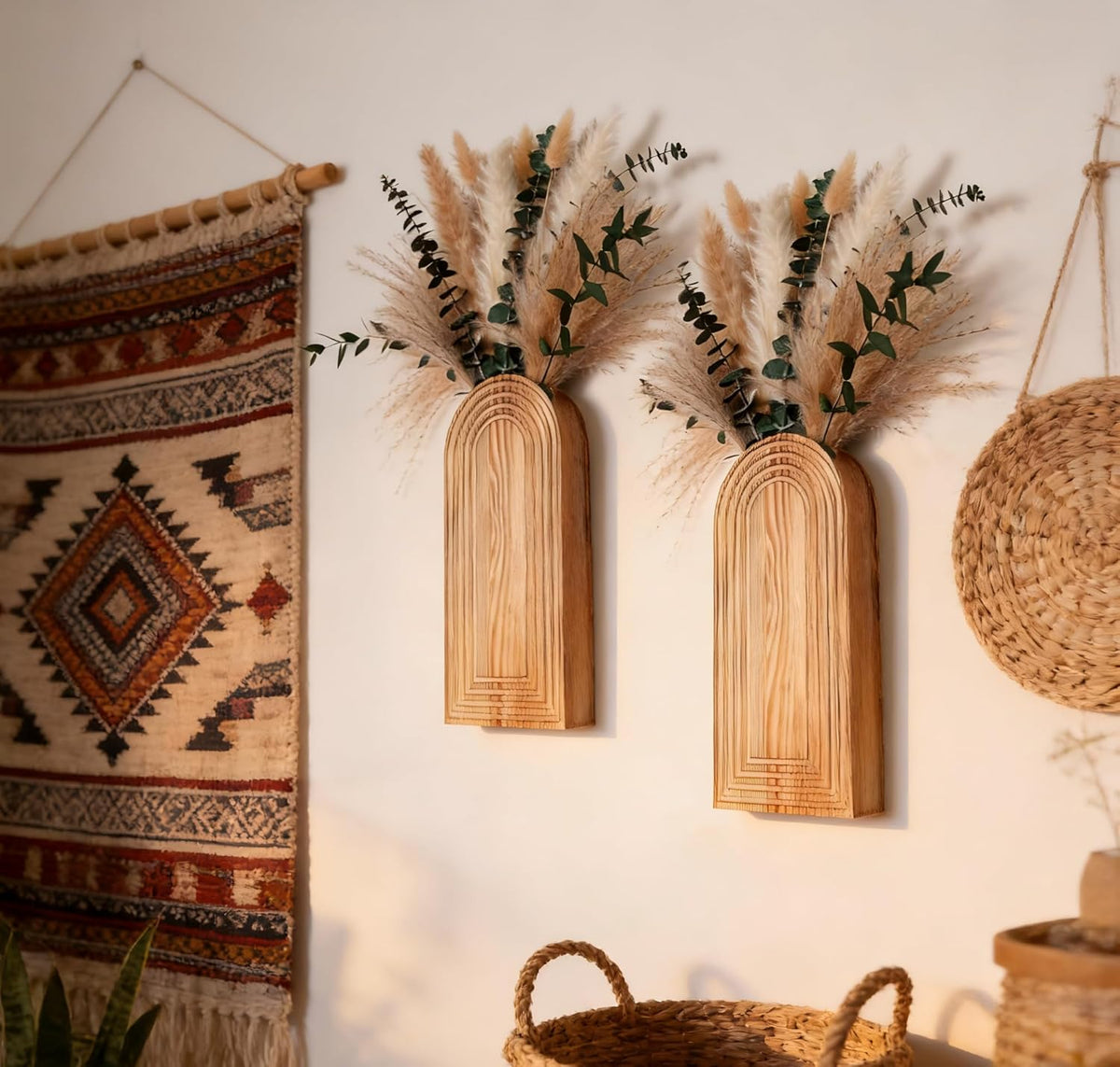 Set of 2 Boho Wall Vases with Pampas Grass & Eucalyptus -Wooden Wall Planters Modern Farmhouse Decor Art for Living Room, Entryway or Bathroom