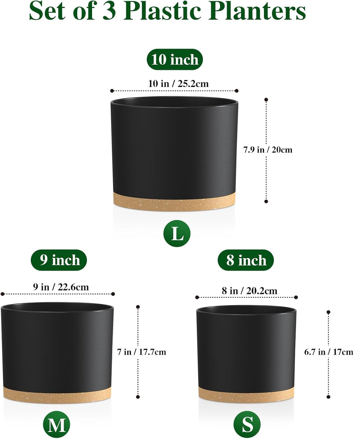 Plant Pots, 10/9/8 Inch 3 Pack Cylindrical Flower Pots with Drainage Holes and Saucers, Plastic Planters for Outdoor Indoor Plants,Black Brown