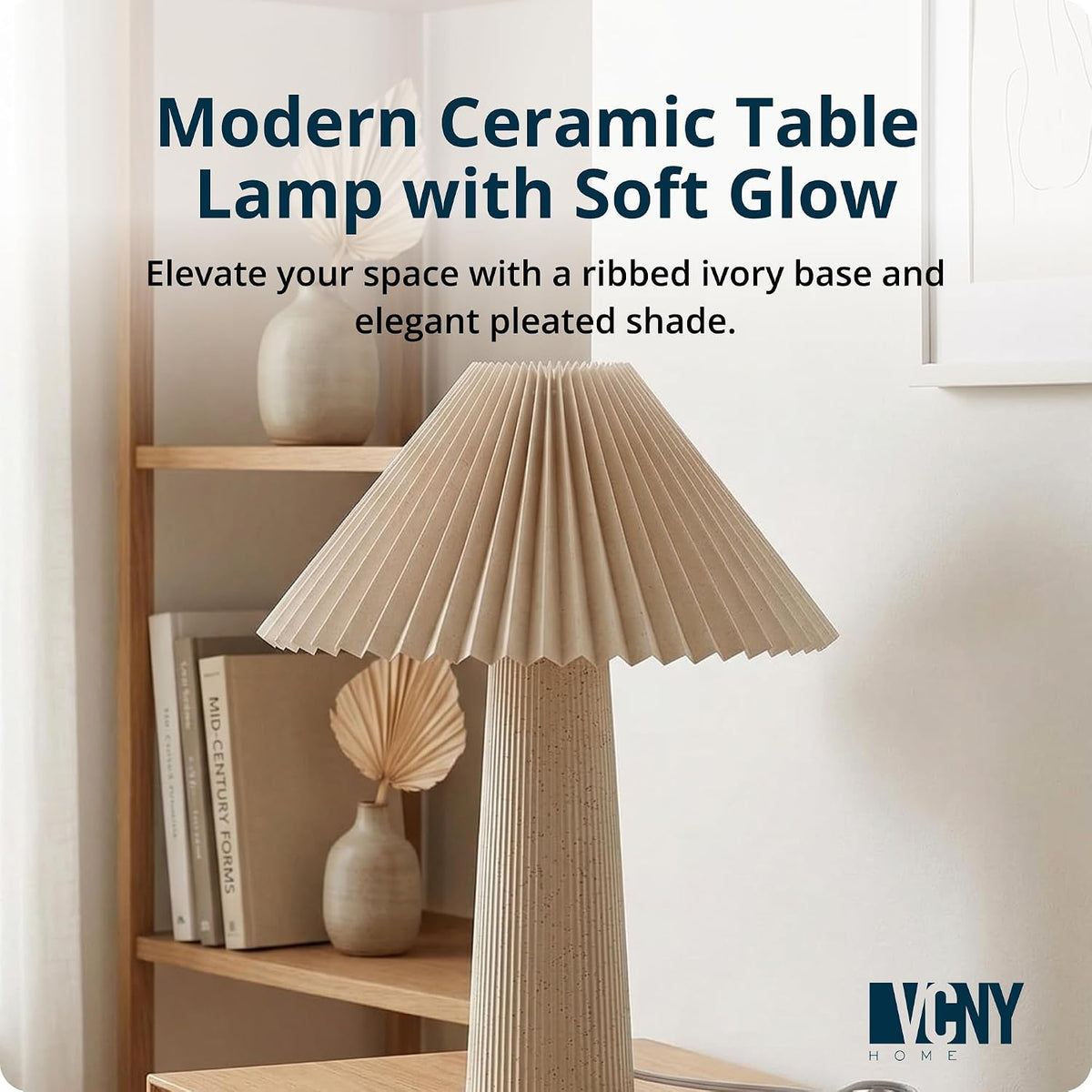 18" Ivory Ceramic Table Lamp | Pleated Fabric Shade & Cylinder Base | Modern Accent Lamp for Living Room, Bedroom, or Entryway | Elegant Neutral Design | Requires 1 X 60W Max Light Bulb