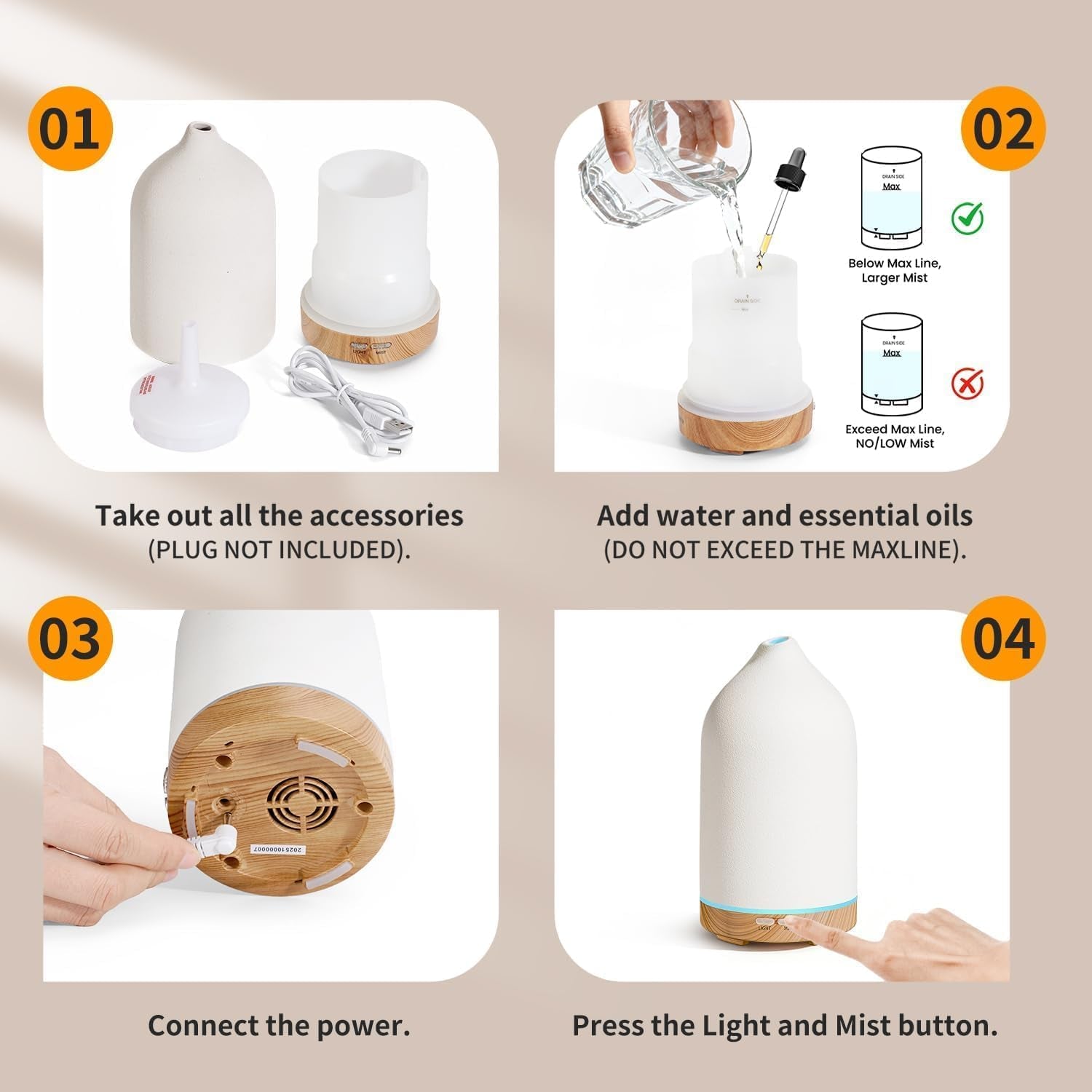 180ML Ceramic Essential Oil Diffuser, Ultrasonic Aromatherapy Diffuser with 7-Color Lights, Auto Shut-Off, Quiet Oil Diffuser for Bedroom, Home Office