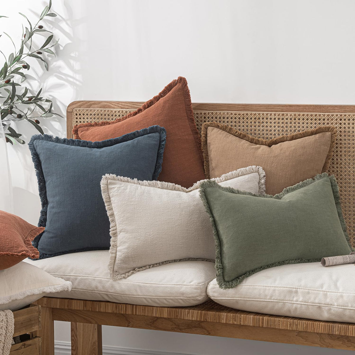 Decorative Throw Pillow Covers Neutral Linen Fringe Throw Pillows Set of 2 Natural Beige Boho Farmhouse Cushion Covers with Tassels for Couch Sofa Bed Spring Home Decor 20X20 Inch