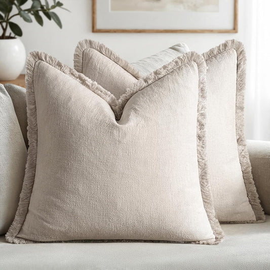 Decorative Throw Pillow Covers Neutral Linen Fringe Throw Pillows Set of 2 Natural Beige Boho Farmhouse Cushion Covers with Tassels for Couch Sofa Bed Spring Home Decor 20X20 Inch