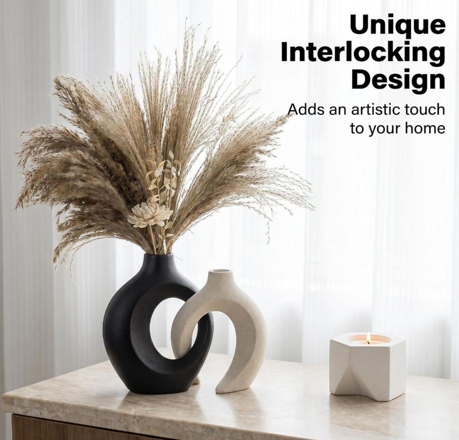 Black & White Ceramic Vase Set of 2 | Minimalist Nordic Sculptural Vases for Home Decor