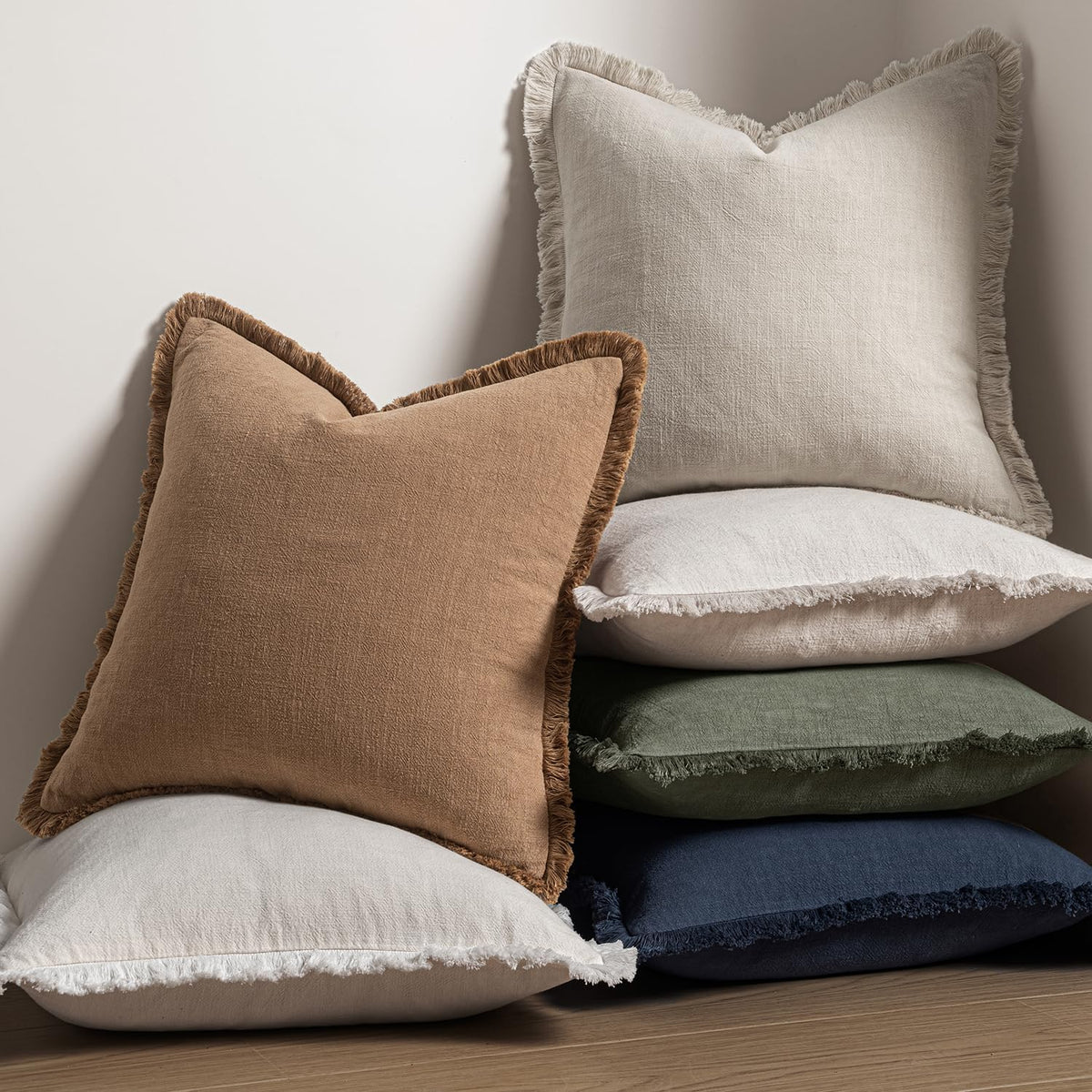 Decorative Throw Pillow Covers Neutral Linen Fringe Throw Pillows Set of 2 Natural Beige Boho Farmhouse Cushion Covers with Tassels for Couch Sofa Bed Spring Home Decor 20X20 Inch