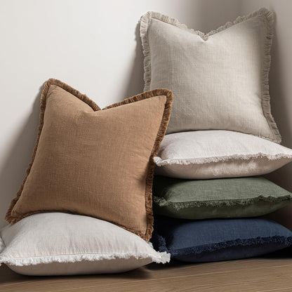 Decorative Throw Pillow Covers Neutral Linen Fringe Throw Pillows Set of 2 Natural Beige Boho Farmhouse Cushion Covers with Tassels for Couch Sofa Bed Spring Home Decor 20X20 Inch