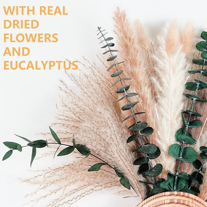 Set of 2 Boho Wall Vases with Pampas Grass & Eucalyptus -Wooden Wall Planters Modern Farmhouse Decor Art for Living Room, Entryway or Bathroom