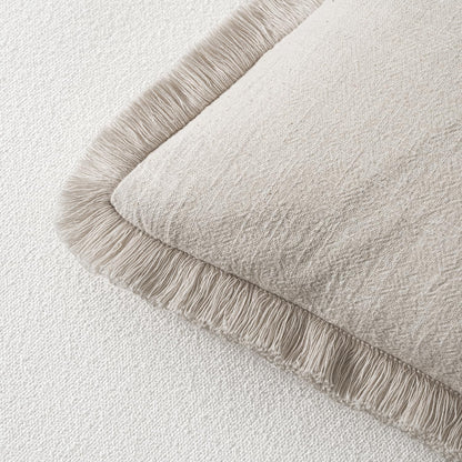 Decorative Throw Pillow Covers Neutral Linen Fringe Throw Pillows Set of 2 Natural Beige Boho Farmhouse Cushion Covers with Tassels for Couch Sofa Bed Spring Home Decor 20X20 Inch