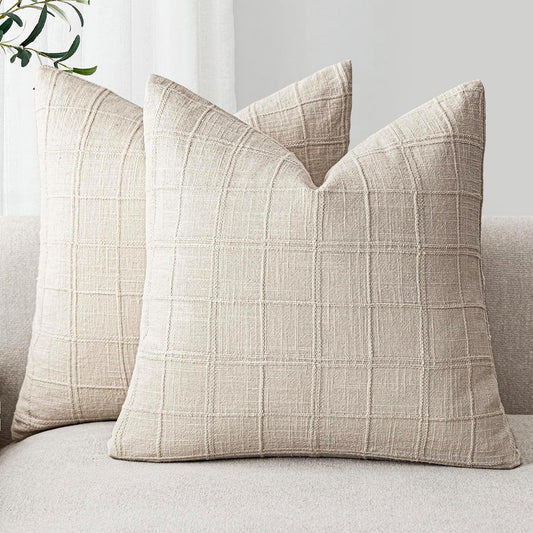 Set of 2 Decorative Linen Check Throw Pillow Covers Neutral Farmhouse Vintage Cushion Covers Modern Boho Home Decor for Sofa Chair Couch Bedroom Living Room,20×20 Inch,Natural Beige