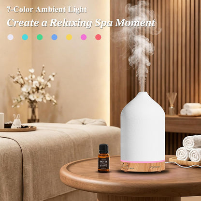 180ML Ceramic Essential Oil Diffuser, Ultrasonic Aromatherapy Diffuser with 7-Color Lights, Auto Shut-Off, Quiet Oil Diffuser for Bedroom, Home Office