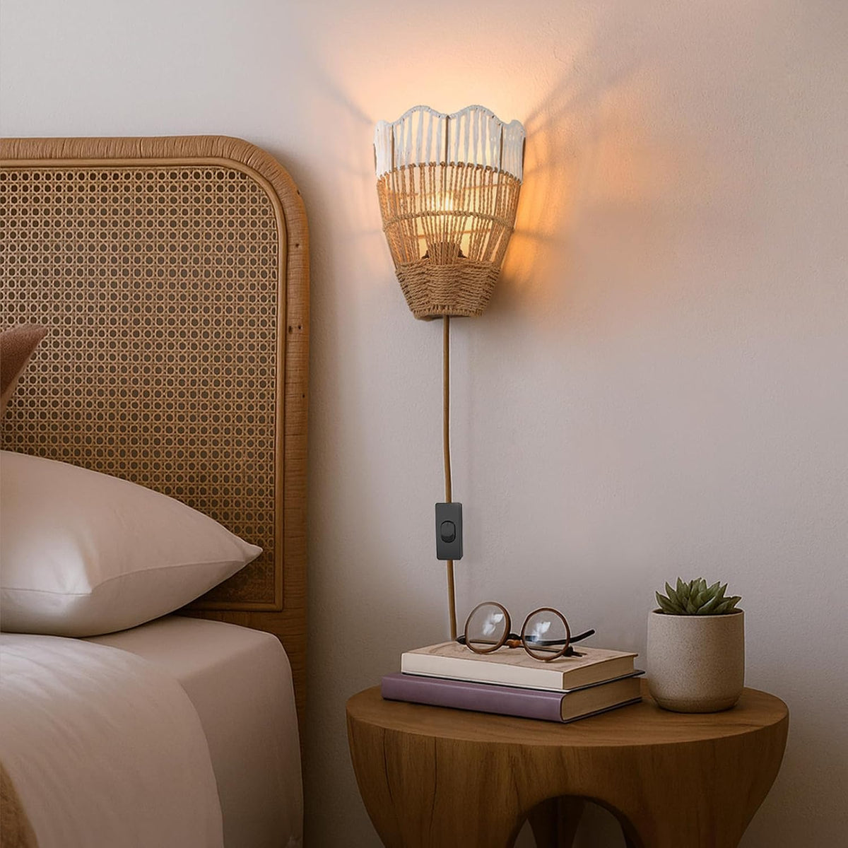 Plug-In Boho Wall Sconces Set of 2, Handwoven Rattan Wall Lights with On/Off Switch, Bohemian Light Fixtures for Bedroom, Living Room & Entryway