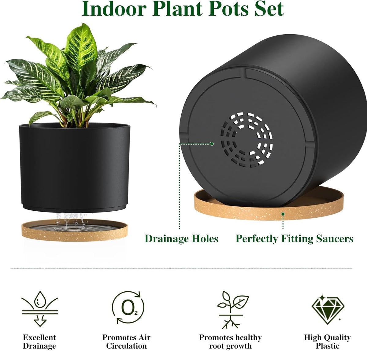 Plant Pots, 10/9/8 Inch 3 Pack Cylindrical Flower Pots with Drainage Holes and Saucers, Plastic Planters for Outdoor Indoor Plants,Black Brown