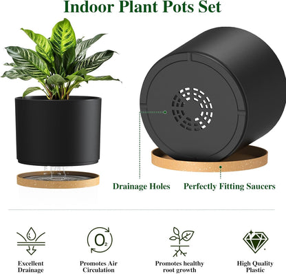 Plant Pots, 10/9/8 Inch 3 Pack Cylindrical Flower Pots with Drainage Holes and Saucers, Plastic Planters for Outdoor Indoor Plants,Black Brown