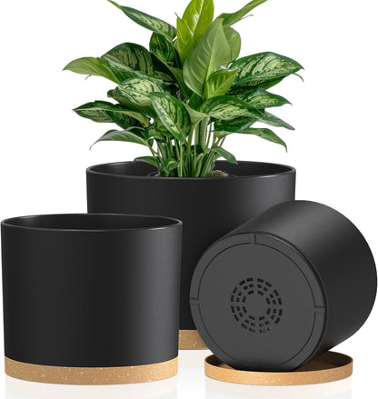 Plant Pots, 10/9/8 Inch 3 Pack Cylindrical Flower Pots with Drainage Holes and Saucers, Plastic Planters for Outdoor Indoor Plants,Black Brown