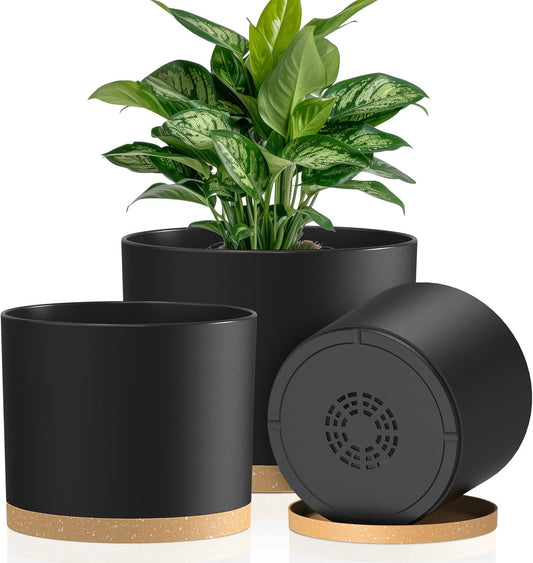 Plant Pots, 10/9/8 Inch 3 Pack Cylindrical Flower Pots with Drainage Holes and Saucers, Plastic Planters for Outdoor Indoor Plants,Black Brown