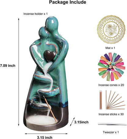 Ceramic Incense Holder, Creative Incense Waterfall Ornament, Backflow Incense Burner with 20 Cones + 30 Sticks, Zen Garden Yoga Meditation Home Decor